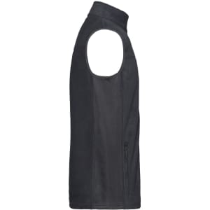 A men's workwear fleece vest in dark grey with a high collar and zippered side pocket. It features an unbranded logo.