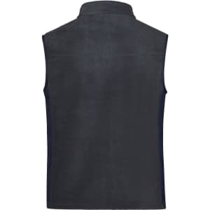 A navy blue men's workwear fleece vest with a high collar and no sleeves, featuring a logo on the back.