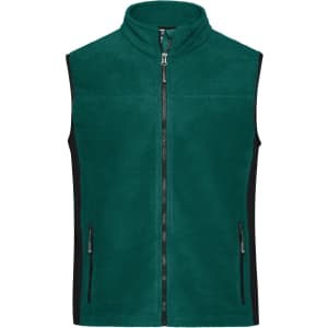 A men's workwear fleece vest in teal with a zip front, featuring side pockets and black accents.