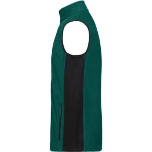 A green and black fleece vest featuring a high collar and a side zipper pocket, with an understated design.