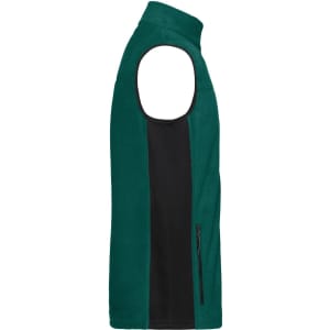 A men's workwear fleece vest in green with black side panels, featuring a zippered pocket and sleeveless design.
