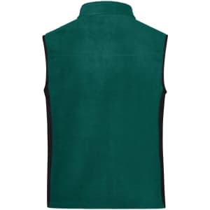A green fleece vest with black side panels and a high collar, featuring a logo on the back.