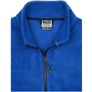 A blue fleece vest featuring a high collar and zip closure, with an interior label and a subtle logo.
