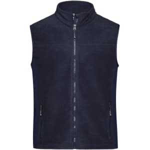 A navy fleece vest with a high collar and zippered front, featuring side pockets and a small logo.