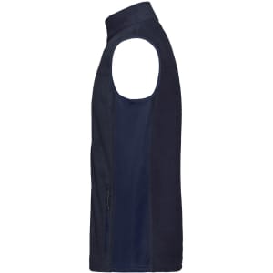 A navy fleece vest featuring a zippered pocket and sleeveless design with a branded logo.