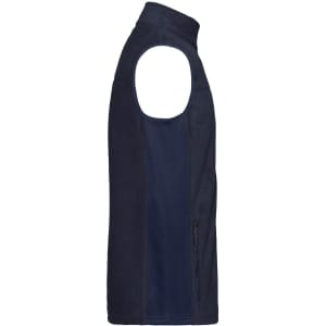 A navy fleece vest with a sleeveless design, featuring a zip pocket on the side and a logo on the chest.