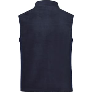 A navy fleece vest with a collared neck and no sleeves, featuring a branding logo.