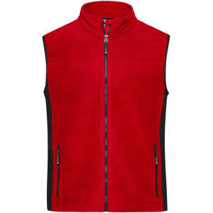 A red and black fleece vest with a high collar and zippered front, featuring side pockets and a logo.
