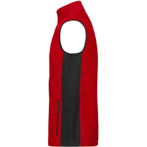 A red and black fleece vest with a zippered pocket and a high collar. It features an armhole design and has a logo.