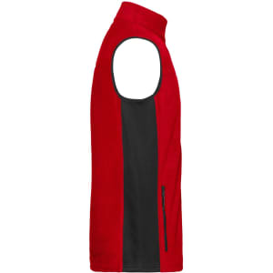 A red and black men's workwear fleece vest with a zippered pocket on the side and a sleeveless design.