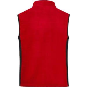 A red fleece vest with black side panels and a high collar, featuring an area for a logo.