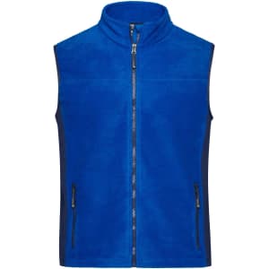 A blue fleece vest with a zip front and two side pockets, featuring a logo.