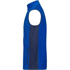 A blue and navy sleeveless fleece vest with a side zip pocket and logo.