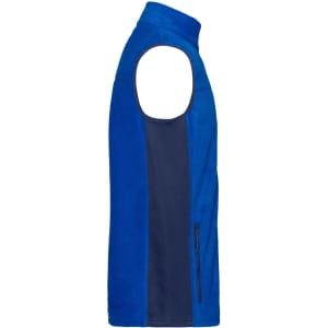 A blue and navy fleece vest with a zip pocket, designed for men's workwear. It features a sleeveless style and a high collar.
