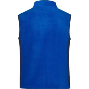 A blue fleece vest with a high collar and side panels, featuring a logo. Back view of the garment.