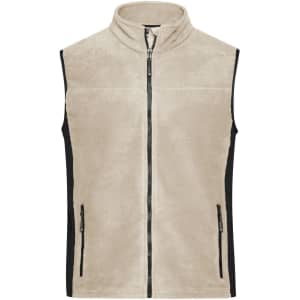 A men's workwear fleece vest in beige with black side panels and zippered pockets. It features a high collar and a front zip.