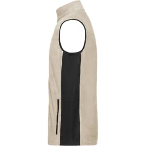 A men's workwear fleece vest in beige with a black side panel and a zip pocket. Features a high collar and sleeveless design.