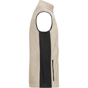 A men's workwear fleece vest in beige with a black side panel and a zippered pocket. Features a logo on the fabric.