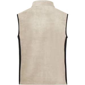 A beige men's fleece vest with a black trim and a logo on the front. The vest features a high collar and no sleeves.