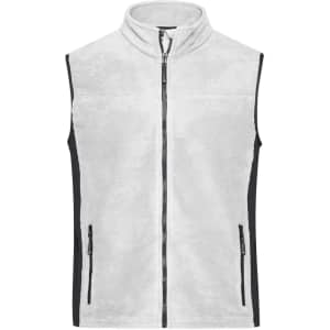 A men's fleece vest in light grey with black side panels and zippered pockets, featuring a zip front and a high collar.