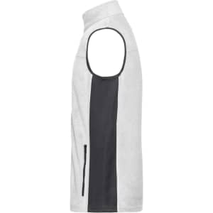 A fleece vest in grey with a black side panel and a zippered pocket. Features a high collar and sleeveless design.