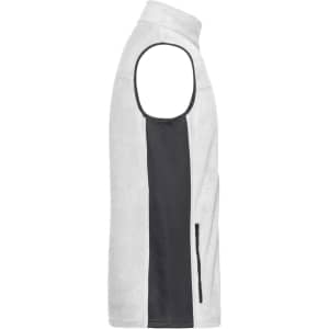A men's workwear fleece vest in grey with a black side panel and a zippered pocket. It has no sleeves.