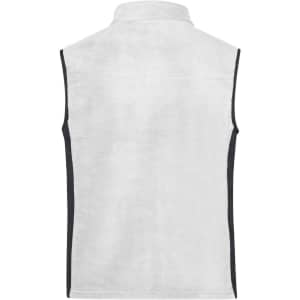 A men's workwear fleece vest in white with black side panels and a collar. It features a logo on the chest area.