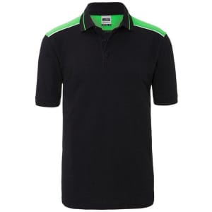 A black polo shirt with short sleeves and green accents on the shoulders. It features a collar and a logo.