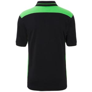 A men's workwear polo shirt in black with green accent detailing at the shoulders and back. Includes a logo.