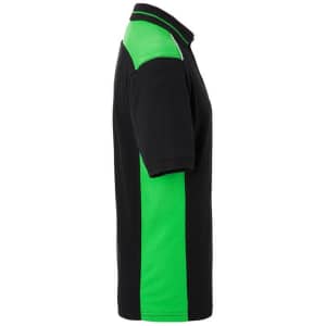 A black polo shirt with green accents on the shoulders and sides. Features a logo on the chest.