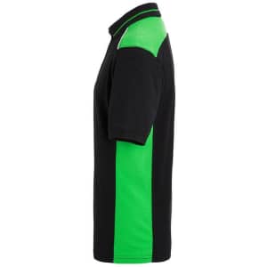 A men's workwear polo in black with bright green side panels, featuring a collar and an embroidered logo.
