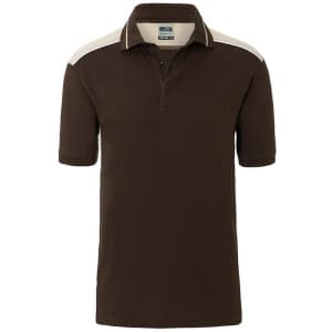 A brown polo shirt with cream-coloured shoulder accents and a collar. It features a logo on the upper left chest.