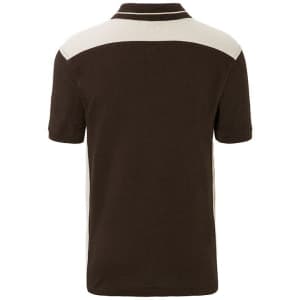A brown men's work polo shirt featuring a cream-coloured back and collar, with a logo on the side.