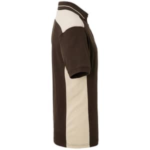 A men's workwear polo shirt featuring brown and beige panels, with a collar and short sleeves. The shirt has a logo.