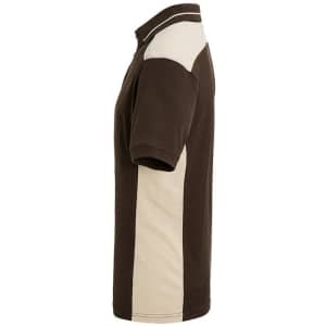 A brown men's workwear polo shirt featuring beige side panels and a collar, with a logo on the chest.