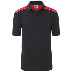 Men's workwear polo in black with red accents and a logo on the chest. Features a classic collar and short sleeves.