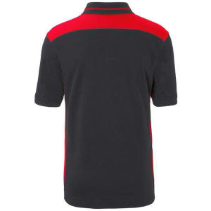 A men's workwear polo shirt in navy blue with red accents and a branded logo on the back.