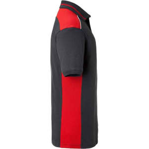 A men's workwear polo shirt in charcoal grey with red accents and a logo on the chest.
