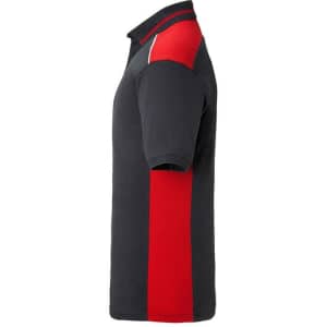 A men's workwear polo shirt featuring a navy body with a red side panel and a collar, complete with a logo.
