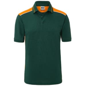 A green polo shirt with orange accents and a logo on the chest, featuring a classic collar and short sleeves.