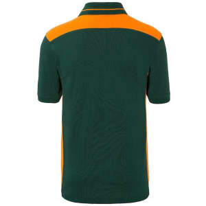 A men's workwear polo shirt featuring green fabric with orange accents and a logo on the back.