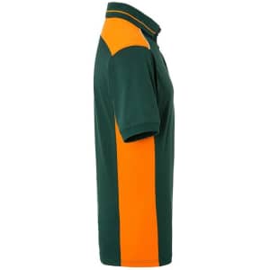 A men's work polo shirt in dark green with orange accents and a logo on the chest.