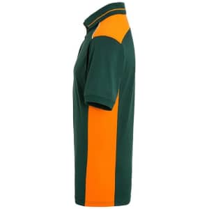 A men's workwear polo shirt in green with an orange shoulder panel and a logo on the chest.
