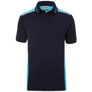 A navy blue polo shirt featuring light blue side panels and a collar, with a small logo on the chest.