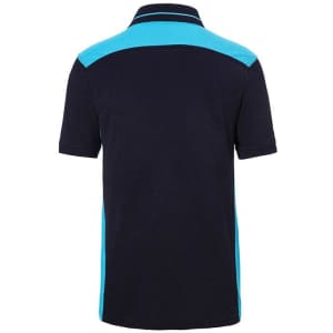 A navy blue work polo shirt featuring turquoise accents and a brand logo.