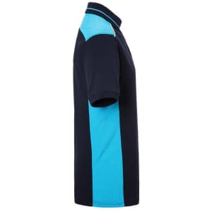A navy blue and turquoise men's work polo shirt featuring a collar and short sleeves, with a logo on the front.