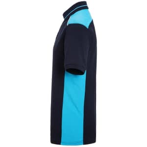 A navy blue and teal men's work polo shirt featuring short sleeves and a collar, with a logo.