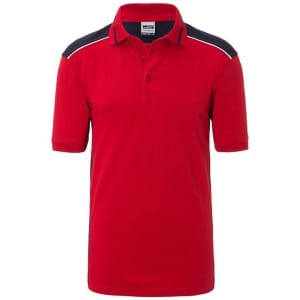 A red polo shirt with navy blue detailing on the shoulders and a small logo on the front.