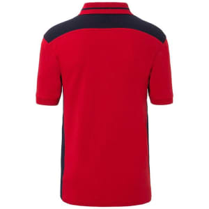 A red and navy work polo shirt featuring a short sleeve design and a logo on the front.