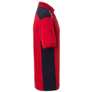 A red and navy blue men's work polo shirt featuring a collar and short sleeves, with a logo on the chest.